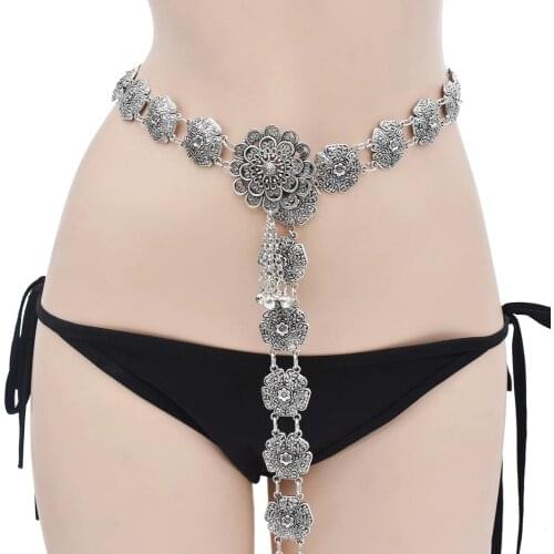 Vintage Silver Color Metal Belly Chains for Women Bohemian Carved Flower Dance Dress Belt Body Chain Tribal Party Jewelry Gift