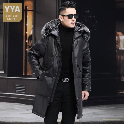 Winter Business Men Fox Fur Collar Hoodie Long Down Jacket Luxury Cowhide Genuine Leather Jacket Windproof Thick Warm Overcoat