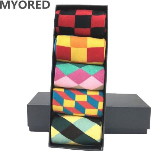 MYORED 5 pair/lot Mens colorful cotton socks crew casual dress socks spring autumn funny for Argyle Filled Optic socks NO BOX