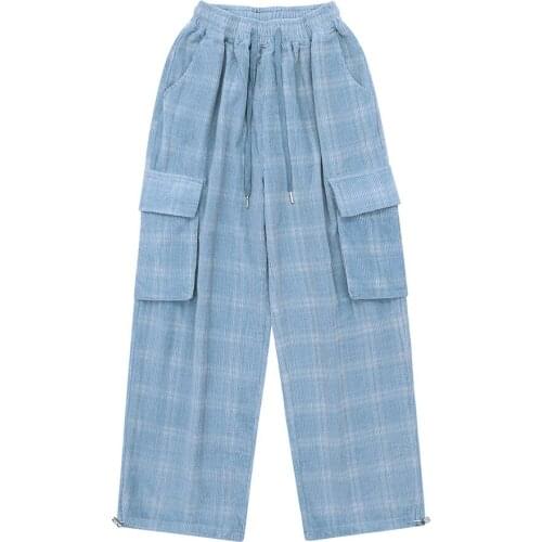 Firmranch New Autumn/Winter Men/Women Couple Corduroy Plaid Cargo Pants INS Popular BF Lazy Street Style Baggy Wide-leg Trousers