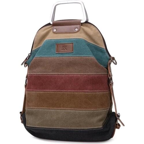 Panelled Sripe Canvas Backpack Women Vintage Female Backpack Brand Designer Teenage Girl Backpacks Casual Women Shoulder Bag
