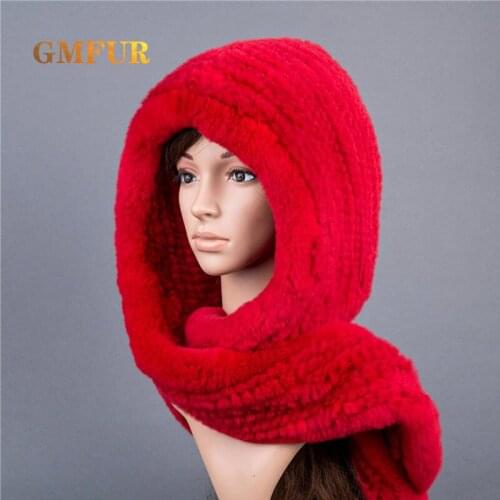 Women Knitted Real Rex Rabbit Fur Hooded Scarf Winter Warm Natural Fur Hat With Neck Scarves Fashionable Genuine Female Fur Hat