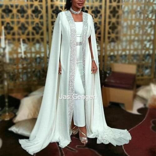 Arabic Style Rormal Dress robe de soiree Evening Dresses Caped Wrap Sequins White Color Jersey vestidos formales Prom Gowns