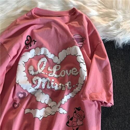 2021 Summer Harajuku Graphic Womens T-shirt Loose Oversized Casual Female Tops Cotton Pink Couple Clothing Vintage Streetwear