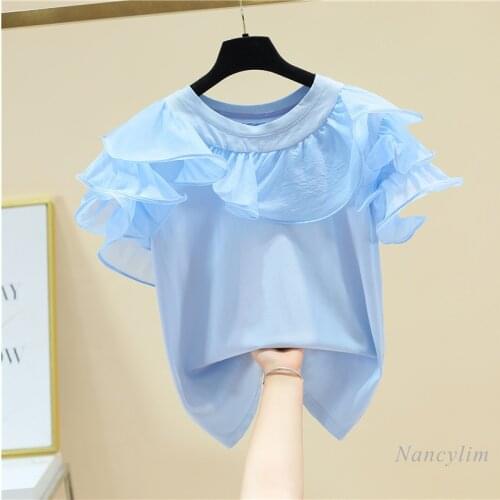 Ruffled Stitching Loose Short Sleeve Cotton T-shirt for Women 2021 Summer Clothing New Design Lady Tops Tees Blue Pink