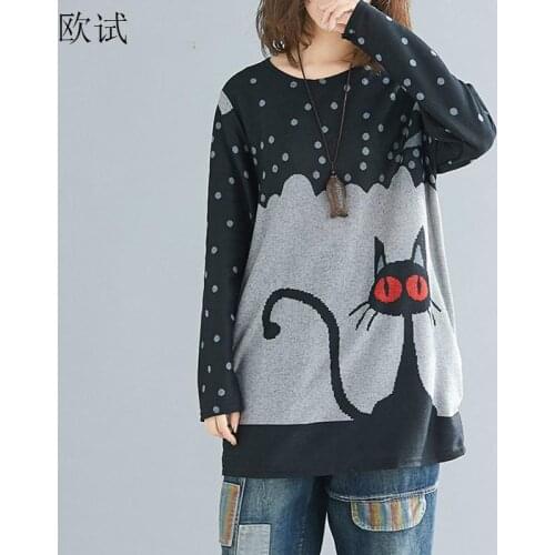 Plus Size Kawaii Cartoon Black cat Print Tshirt Women Knitted Cotton T-shirt Graphic Tees Autumn Tops Long Sleeve T Shirt 2020