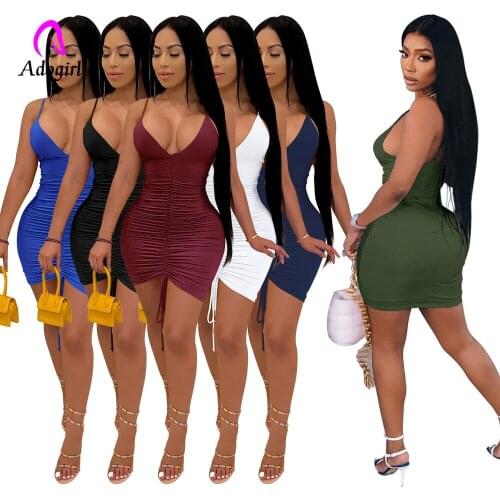 Spaghetti Straps Women Mini Dress Solid Sleeveless Drawstring Skinny Dresses 2021 Autumn Sexy Deep V Neck Night Party Vestidos