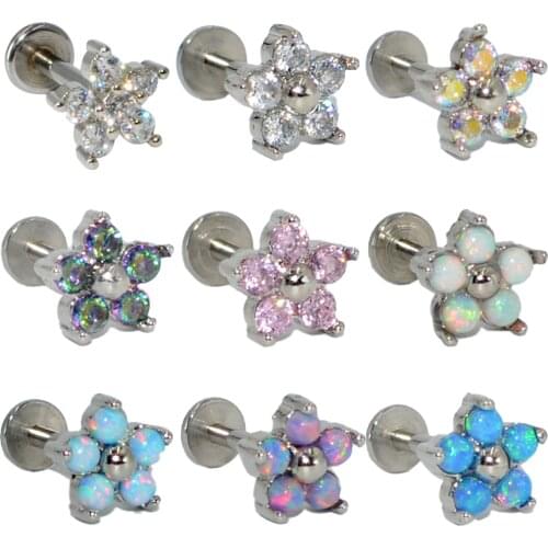 1PC Steel Flower Labret Monroe Lip Studs CZ Zircon Opal Ear Helix Tragus Cartilage Stud Earring Trendy Body Piercing Jewelry 16G