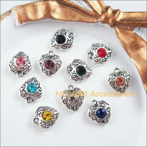 20 New Heart Charms Tibetan Silver Tone Retro Mixed Crystal Pendants 10x11.5mm