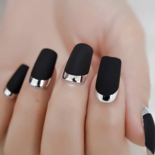 24Pcs Medium Coffin Ballerina Black Chrome Edge Nail Tips Wholesale Full Cover Nails Gels Nails Artificial False Nail