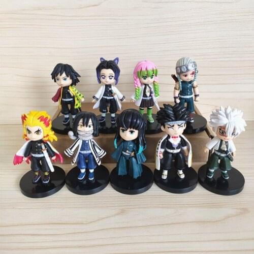 9PCS/set Anime Demon Slayer Toys Tanjirou Nezuko Zenitsu Inosuke Giyuu Rengoku Kyoujurou Doll Desktop Car Model Figure Ornaments