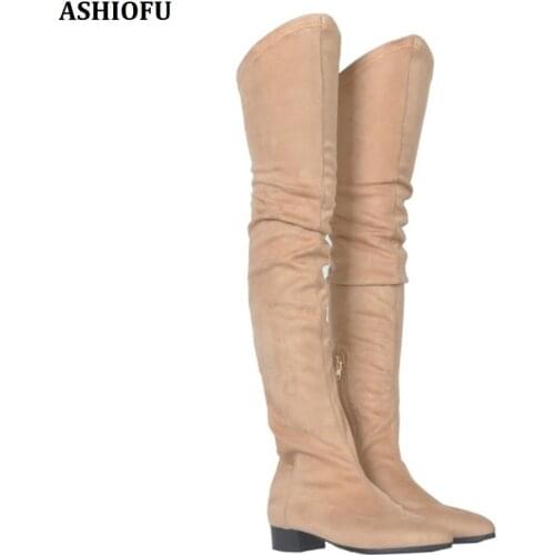 ASHIOFU Handmade New Women Over Knee Boots Party Prom Sexy Winter Thigh High Boots Flat Heel Evening Fashion Long Boots Shoes