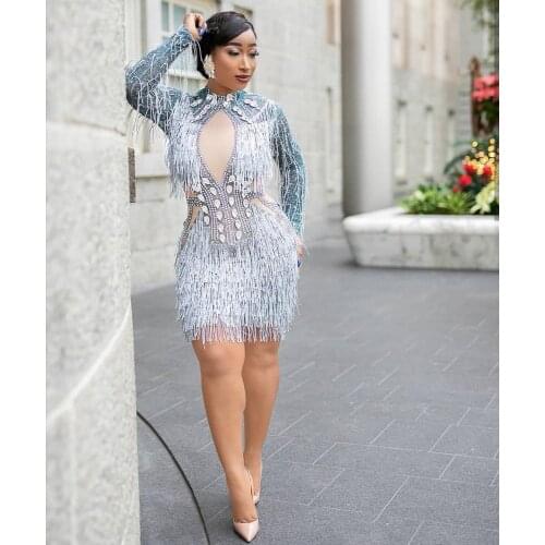 Sparkly Rhinestone Crystal Dress Women Birthday Celebrate Costume Female Singer Bling Tassel Party Dresses Performance Outfits