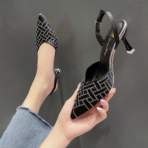 Sandals women mid-heel 2021 summer new mesh breathable rhinestone stiletto pointed sandals