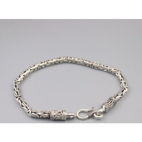 Pure 925 Sterling Silver Bangle 4mm Special Pattern Link Chain Bracelet Men Lucky Gift 22-23g / 21cm