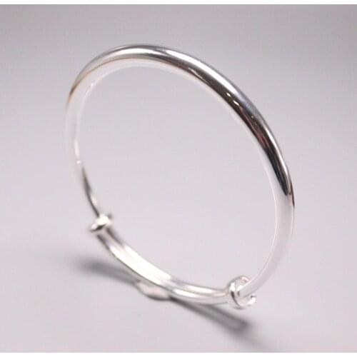 Real 999 Fine Silver Bracelet Width 5mm Smooth Round Bangle Diameter 55-60mm Adjustable