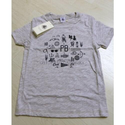 T-Shirt mit kurzem Arm Basic hellgrau mit blauem Druck von Petit Bateau. NEU