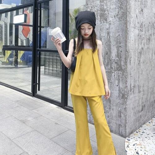 Two piece set solid color fashion girls outfits teenage vest tank top pants suit chiffon summer clothing streetwear 6 to 16 yrs