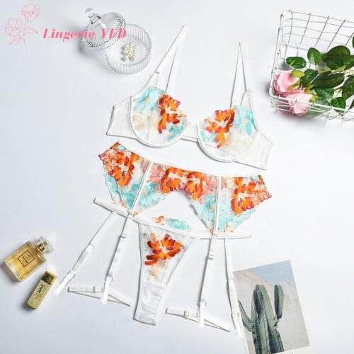 Embroidery Lace Mesh Underwear Gathered Bra and Panty Set with Garter Belt Sexy Lace Lingere Set прозрачный лифчик