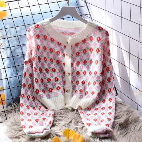 Sweet Style Printed Knitted Women Sweater Cardigan Autumn New 2021 O-Neck Long-Sleeved Short Empire Thicken Female Outwear Coats