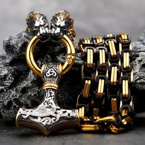 Nordic Punk Celtic Wolf Head Men Necklaces Mjolnir Viking Vegvisir Amulet Anchor Pendant Mix Black Stainless Steel Chain Jewelry