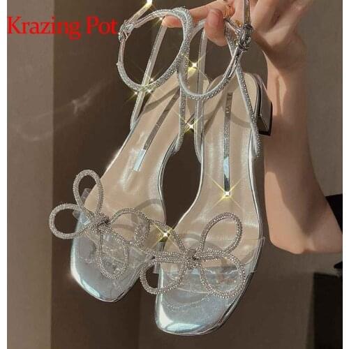 Krazing pot square toe sling back med heel fairly bling diamond sweet shiny flowers buckle straps summer mules women sandals L70