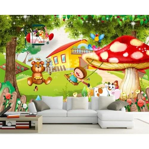 Childrens room wallpaper for walls 3 d Mushroom House Big Tree Cartoon Boy Girl Room Background Decorative wallpaper Beibehang