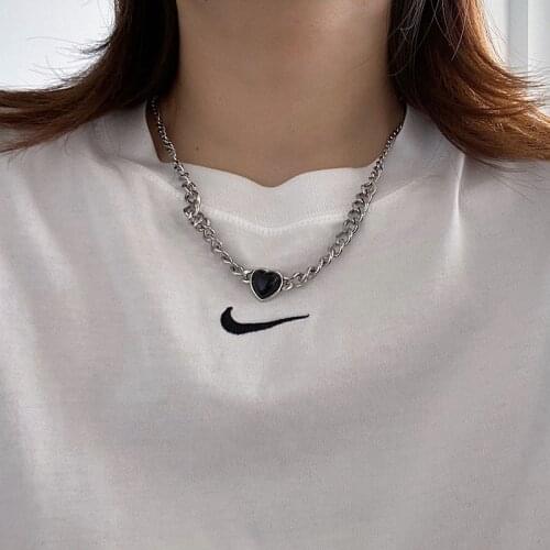 Black heart curb chain necklace for egirls y2k women stainless steel harajuku style punk korean necklace hip-hop