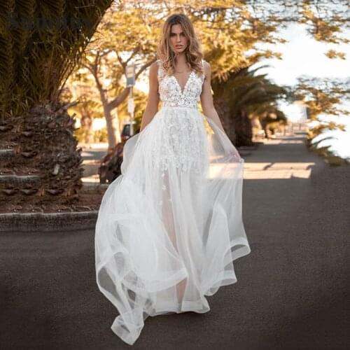 SoDigne Lace Wedding Dresses 2021 V neck Appliques A Line Bride Dress Princess Wedding Gown Free Shipping Robe De Mariee