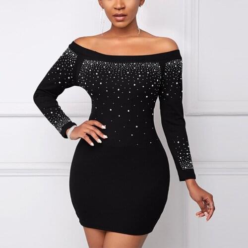 OTEN Women Sexy Long Sleeve One-Neck Hot Drilling Off-the-shoulder Dress Elegant Slim Bodycon Shiny Nightclub Party Mini Dress