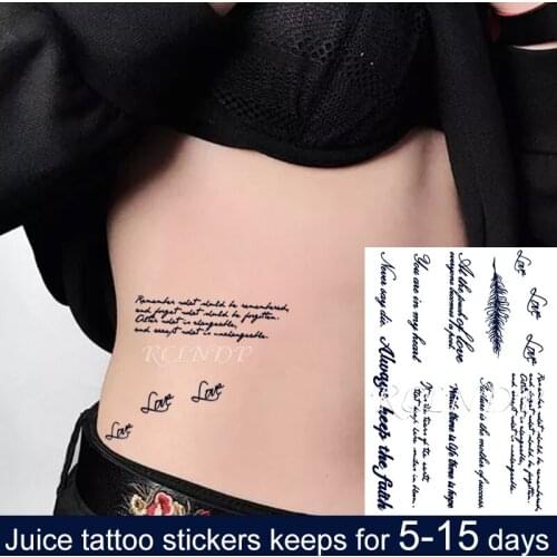 Waterproof Temporary Juice Tattoo Sticker English Word Sentence Feather Flash Tatoo Fake Tatto Body Art for Men Women