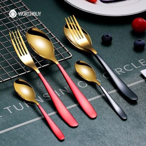 WORTHBUY Gold Tableware With Colorful Handle 18/8 Stainless Steel Dinner Spoon Fruit Fork Set Kitchen Accessories Dinner Set