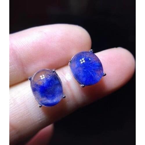 Genuine Natural Blue Dumortierite Rutilated Quartz Earrings Women 14/7mm 925 Sterling Silver Earring AAAAA