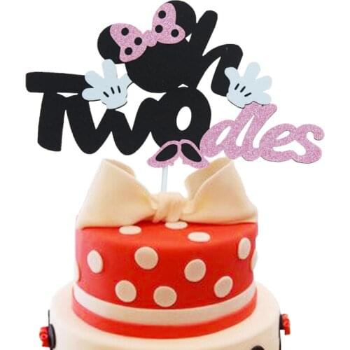 1set Cartoon Mickey Minnie Mouse TWO DLES Toppers Pick Kids Birthday Party Supplies Wedding Cake Flag Decorations Girl Gift
