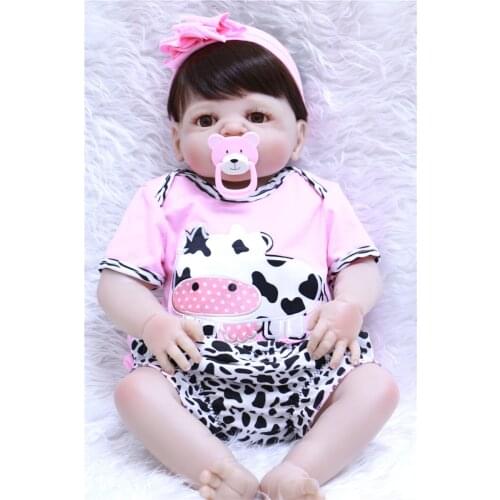 22" 55cm real silicone doll reborn babies lifelike newborn girl with pink cow clothing pacifier bottle bebe alive reborn bonecas