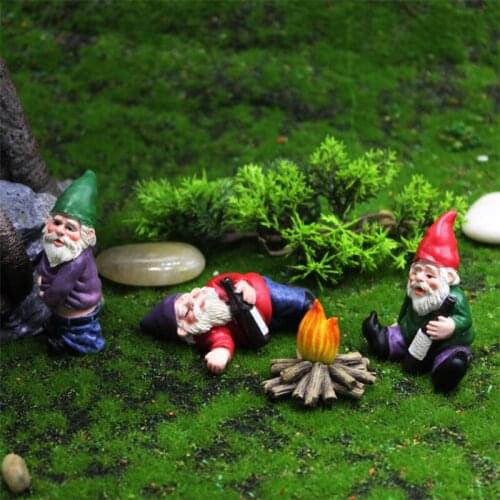 4Pcs/Lot Resin Fairy Garden Drunk Gnomes Miniature Set Creative Mini Dwarf Bonfire Statues for Planter Flowerpot Decor Ornaments