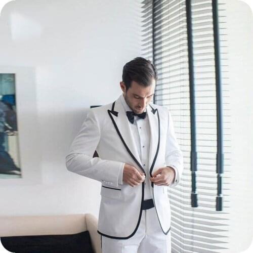 Custom Made White Wedding Suits for Men Black Shawl Lapel Slim Fit Groom Tuxedo Man Blazer Jacket Pants 2Piece Costume Homme