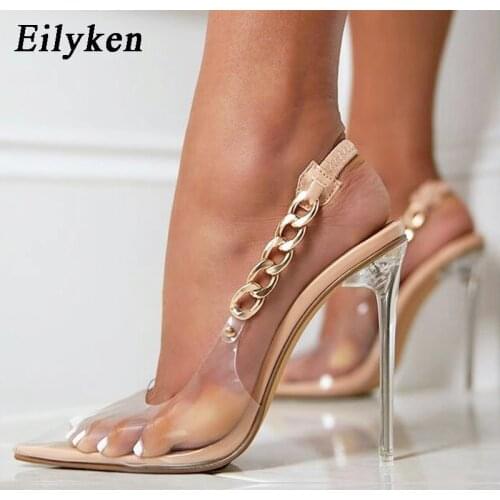 Eilyken Transparent Pumps Women Sexy Pointed Toe Chain Design Crystal Heel Ladies Shoes Stiletto High Heels Wedding Dress Shoes