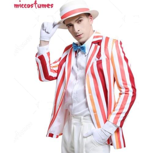 Mary Poppins Bert Suit Cosplay Adult Men Rainbow Suit Striped Suit Jacket Costume Blazer Outfits with Hat Gloves