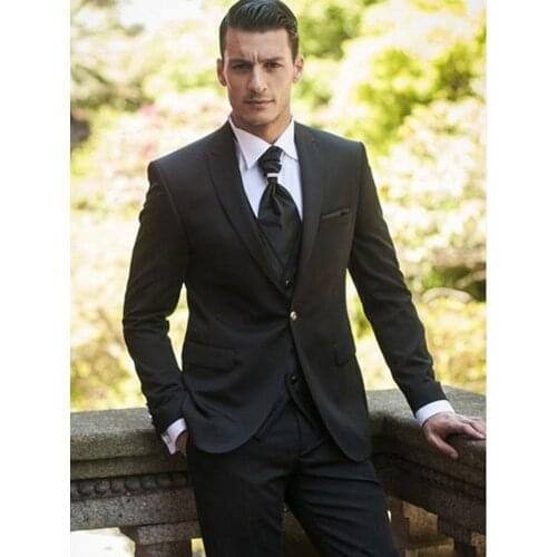Customize Handsome Black Work Busienss Suits Slim Fits Groom Tuxedos Mens Prom Party Dress (Jacket+Pants+Vest+Tie) NO:072
