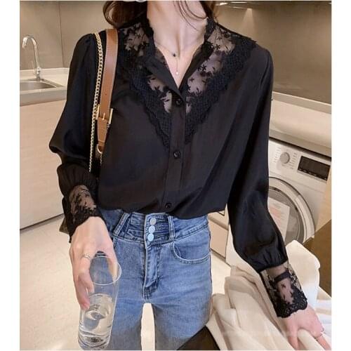 Lace bottoming shirt womens spring and autumn new design sense niche style with foreign style blouse chiffon stitching shirt