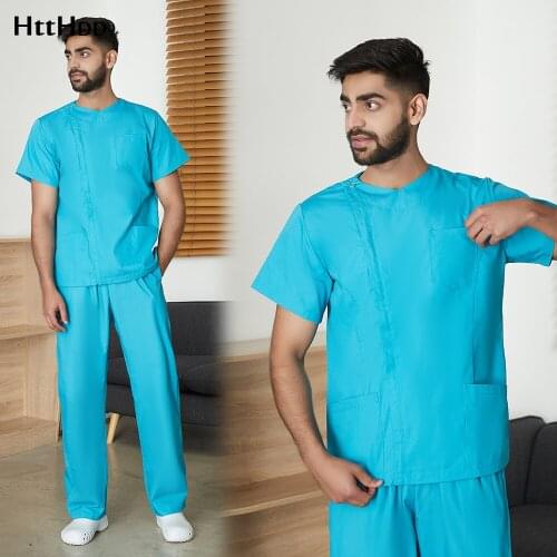 Mens Medical Uniform Work Short Sleeve Suit Beauty Salon Scrubs Slim Shoulder Button Unisex Wholesale Clinic Nursing Clothes
