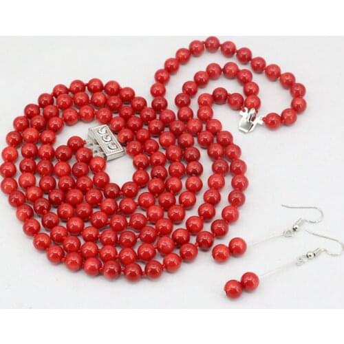 Fashion natural red coral round beads earrings 3 row necklace dangle jewelry set 7mm for women weddings party gift 17-19" B3455