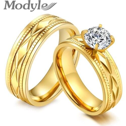 Modyle Fashion Stainless Steel CZ Engagement Rings for Women Gold-Color Cubic Zirconia Women/Men Bridal Wedding Rings
