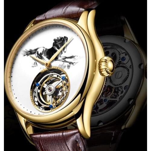 Aesop Men Watch Real Tourbillon Mechanical Watch Double Side Sapphire Glass Automatic Ink Painting Horse Watch Relogio Masculino