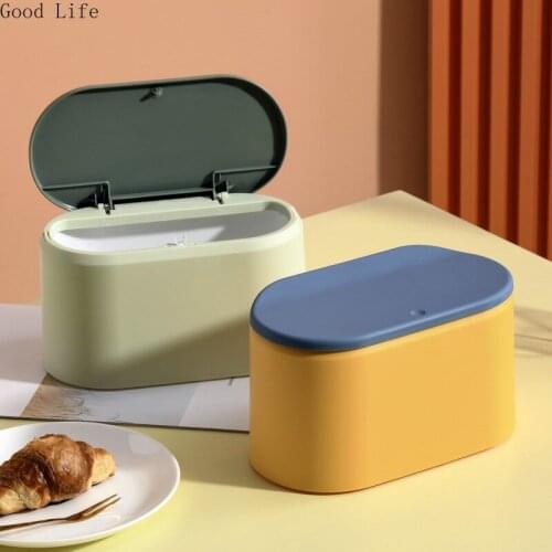 Desktop Push-Type Contrast Color Small Trash Can With Lid Lazy Living Room Mini Desk Coffee Table Wastebasket