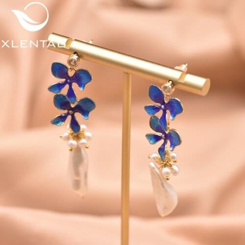 XlenAg New Natural Handmade Baroque Freshwater Pearl Drop Earrings Blue Flower Women Girl Fine Fashion Jewelry Party gift GE0978