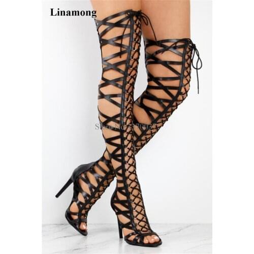 New Design Women Fashion Open Toe Lace-up Strap Cross Over Knee Gladiator Boots Cut-out High Heel Long Boots Dress Shoes