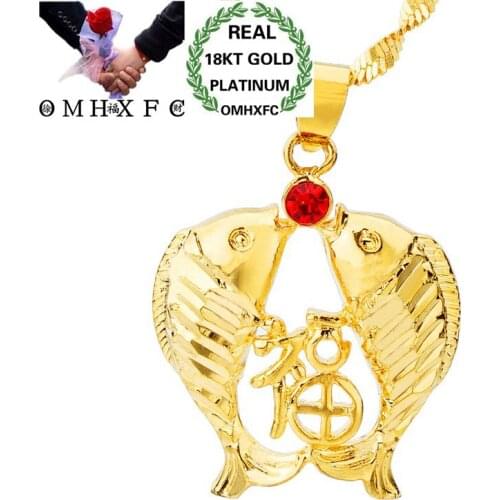 OMHXFC Wholesale European Fashion Woman Unisex Party Birthday Wedding Gift Kiss Fishes Zircon 18KT Real Gold Charm Pendant PN90