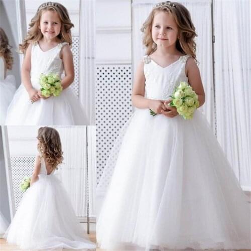 Backless Flower Girl Dress For Garden Wedding Puffy Tulle Beads First Communion Dress Applique Pageant Gown For Kid Birthday